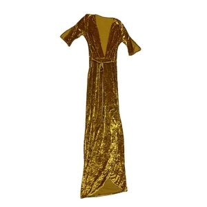 Yellow Gold Velvet 3/4 Sleeve Vtg Floor Length Maxi Dress w Slit + Tie Front Bow